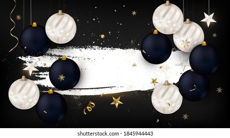  Christmas elegant black background with decoration.New Year 2021 and Christmas banner. 25 of December.Vector. 