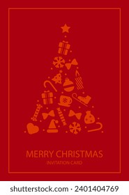 Christmas elegant card with a tree made from various baubles. Merry Christmas Corporate Holiday card. Universal abstract creative artistic template