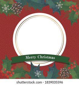 Christmas Elegant Decorative Frame. Red. Holly and Pinecones.  frame, watercolor (square)