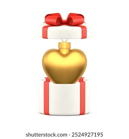 Christmas elegant luxury romantic surprise in white gift box 3d icon realistic vector illustration. Xmas New Year premium decor element golden heart bauble in greeting festive present pack container