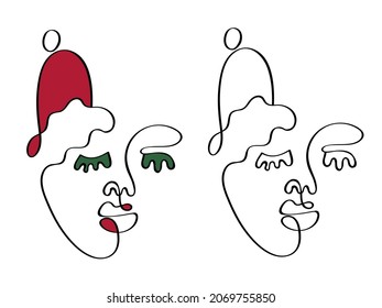 Christmas elegant One Line art Face Drawing. Minimalist Line Style. Trendy Illustration for Cosmetics. Continuous Line Art. Fashion Minimal Print. Logo. Portrait minimalistic style continuous line