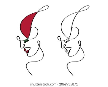 Christmas elegant One Line art Face Drawing. Minimalist Line Style. Trendy Illustration for Cosmetics. Continuous Line Art. Fashion Minimal Print. Logo. Portrait minimalistic style continuous line
