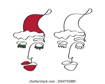 Christmas elegant One Line art Face Drawing. Minimalist Line Style. Trendy Illustration for Cosmetics. Continuous Line Art. Fashion Minimal Print. Logo. Portrait minimalistic style continuous line