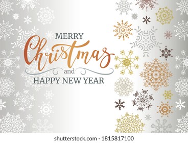 Weihnachten elegante Postkarte mit farbigen Schneeflocken und Beschriftung Frohe Weihnachten. Vektorgrafik.