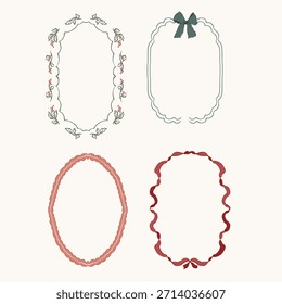 Christmas elegant set of red, green and bow frames. Hand drawn illustration for design, print, fabric or background.