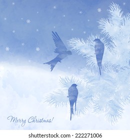 Christmas elegant watercolor card with bird, snow and fir trees