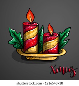 Christmas element Beautiful cartoon illustration Red green and gold colors doodle