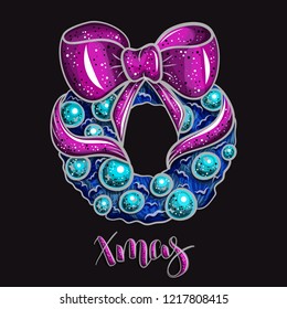 Christmas element Beautiful cartoon illustration Neon navy and purple glow colors doodle