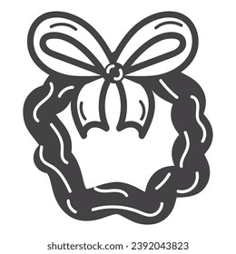 Christmas element of black line set. A timeless Christmas wreath is artfully outlined in bold black strokes, capturing the essence of festive decor. Vector illustration.