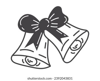 Christmas element of black line set. Two gracefully crafted Christmas bells take center stage, their intricate details outlined in bold black strokes. Vector illustration.