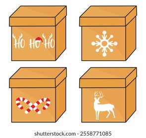 Christmas element Boxing template design. Vector cardboard post boxes in flat style.