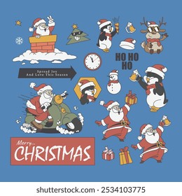 Christmas element collection with retro cartoon character style, vector illustration