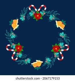 El Elemento De Navidad Decoró El Marco Circular Con Espacio De Copia En Fondo Azul.