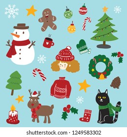 Christmas element decoration such as snowman sweater xmas tree star sock candy cane for holiday season to make card or invitation.