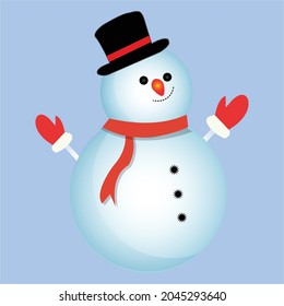 Christmas element design with a happy snowman. A winter snowman with a smiling face, neck muffler, gloves, hat, and buttons. Cute snowman vector design on a blue background.