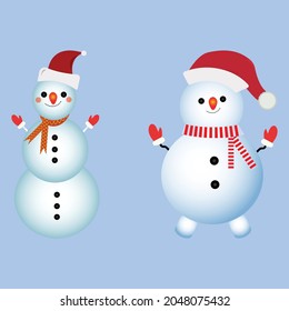 Diseño de elementos navideños con dos muñecos de nieve felices. Diseño invernal de muñecos de nieve con cara sonriente, piernas, bufanda de cuello, rama de árbol, guantes, sombrero de nieve y botones. Diseño vectorial de muñeca de nieve sobre fondo azul.