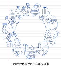 Christmas element in doodle kids drawing style. Vector pattern.