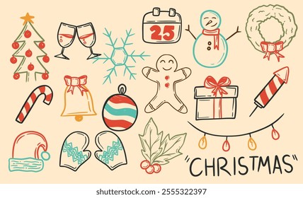 Christmas element doodle outline color icons set. Containing winter celebration, gift, christmas tree, snowman, snow, bell and more. Simple web. Vector Illustration.