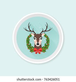 Christmas element in flat style with cute deer, wreath with bow and snowfall.