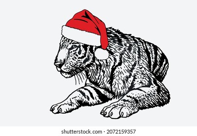 Christmas element, graphical tiger in Santa Claus hat on white background, vector symbol of new year 2022