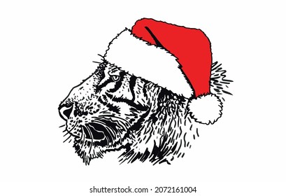 Christmas element, graphical tiger in Santa Claus hat on white background, vector symbol of new year 2022