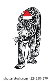 Christmas element, graphical tiger in Santa Claus hat on white background, vector symbol of new year