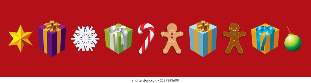 Christmas element icon, Gift Box, Star, X'mas balls, Gingerbread Man, Christmas stick