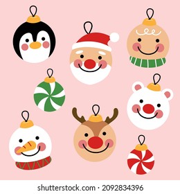 The christmas element items for hanging on christmas with face of  santa claus, reindeer, polar bear, snowman, penquin, gingerbread and sweet candy in cartoon design, vector illustration