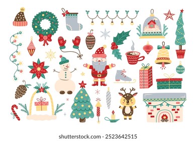 Conjunto Grande de elementos de Navidades. Elemento aislado para el diseño de tarjetas, patrones, Anuncios. Navidades y Año Nuevo. Ilustración vectorial.