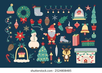 Christmas element large set on dark background. Isolated element for design of cards, patterns, banners. Christmas and New Year. Vector illustration.