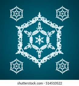 Christmas element: opaque crystal snowflakes on a dark turquoise background.