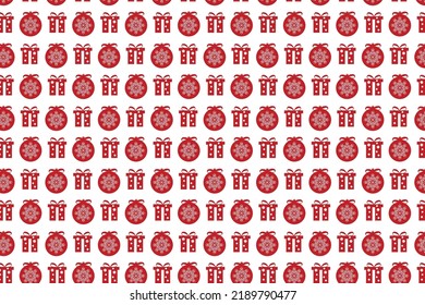 Weihnachtselementmuster Dekoration mit Geschenken und Schneeflocken. Nahtlose Weihnachtsmuster, Vektorgrafik auf weißem Hintergrund. Weihnachtsmusterdesign für Wickelpapiere und Hintergründe.