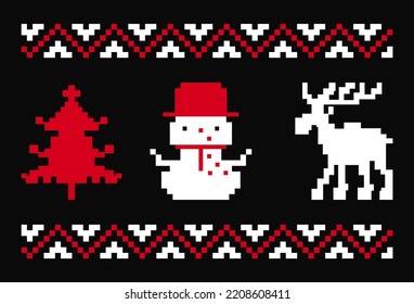 Christmas element pixel art pattern, tree, cat, and moose icons vector