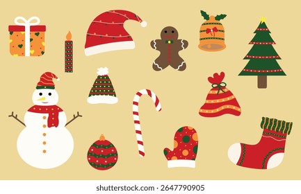 Navidades Elemento Set Clipart Paquete con muñeco de nieve, regalos, árbol y adornos"