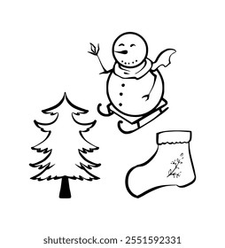 Christmas Element Set, Christmas Collection, Christmas icons, including Christmas tree, stocking, and snowman. with handmade shadow style. perfect for seasonal and festive designs.