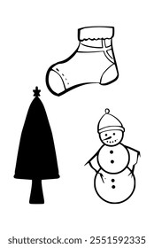Christmas Element Set, Christmas Collection, Christmas icons, including Christmas tree, stocking, and snowman. with handmade shadow style. perfect for seasonal and festive designs.