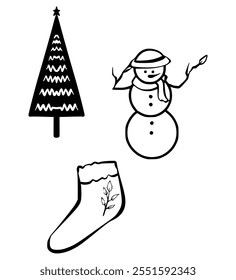 Christmas Element Set, Christmas Collection, Christmas icons, including Christmas tree, stocking, and snowman. with handmade shadow style. perfect for seasonal and festive designs.
