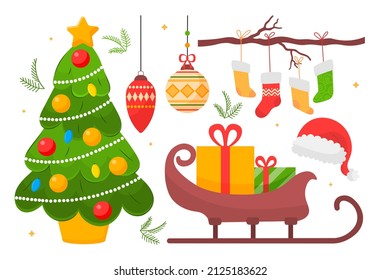Christmas element set. Collection of images for New Year and winter holidays. Sleigh, tree and santa hat. Gifts and congratulations. Cartoon flat vector illustrations isolated on white background