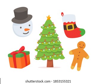 Christmas element set collection package socks snowman christmas tree gift box ginger cookies white isolated background with color flat style