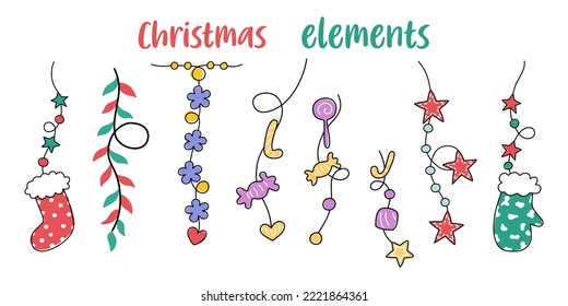 Christmas element set designed in doodle style on a white background For Christmas themed decorations, card design, digital prints, stickers, gifts, scrapbook and more.
