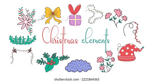 Christmas element set designed in doodle style on a white background For Christmas themed decorations, card design, digital prints, stickers, gifts, scrapbook and more.