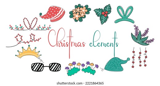 Christmas element set designed in doodle style on a white background For Christmas themed decorations, card design, digital prints, stickers, gifts, scrapbook and more.