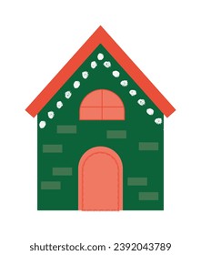 Christmas element of set in flat cartoon design. This delightful and colorful red-green style illustration of a Christmas house radian holiday charm and warmth. Vector illustration.