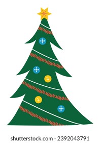 Christmas element of set in flat cartoon design. This image can add a touch of elegance to holiday-themed creations with this rich decorated Christmas tree. Vector illustration.