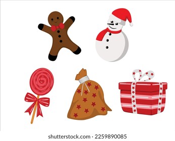 Christmas element set. Holiday objects collection illustration: santa, wreath, north pole, snowman, gift, christmas tree, santa hat, bag, reindeer, mistletoe, holly, toy, bell