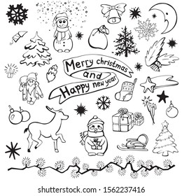 christmas element set (vector): snowman, snowflakes, gift back, spruce branch, christmas tree, firecracker, new years sock, santa claus, flashlight, deer,  lettering merry christmas and happy new