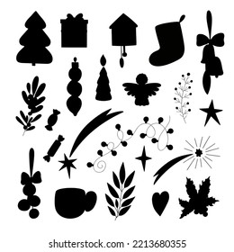 conjunto de silueta de elementos navideños planta holly, regalo, mitones, árbol de abetos, garland, decoración de mano dibujada en un sencillo estilo de doodle para las vacaciones de invierno tarjetas de saludo, invitaciones, carteles, decoración, pegatinas