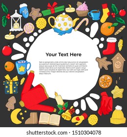 Christmas element text frame banner hand drawn template. Scandinavian hygge style border with copyspace. poster template or postcard concept with decorative doodle x-mas item