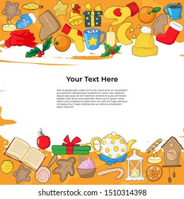 Christmas element text frame banner hand drawn template. Scandinavian hygge style border with copyspace. poster template or postcard concept with decorative doodle x-mas item