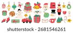 Christmas element vector illustration set. Collection of christmas tree, nutcracker, snowman, gift, bauble ball, mug, bell, angel, candy cane. Design for sticker, card, poster, invitation, greeting.